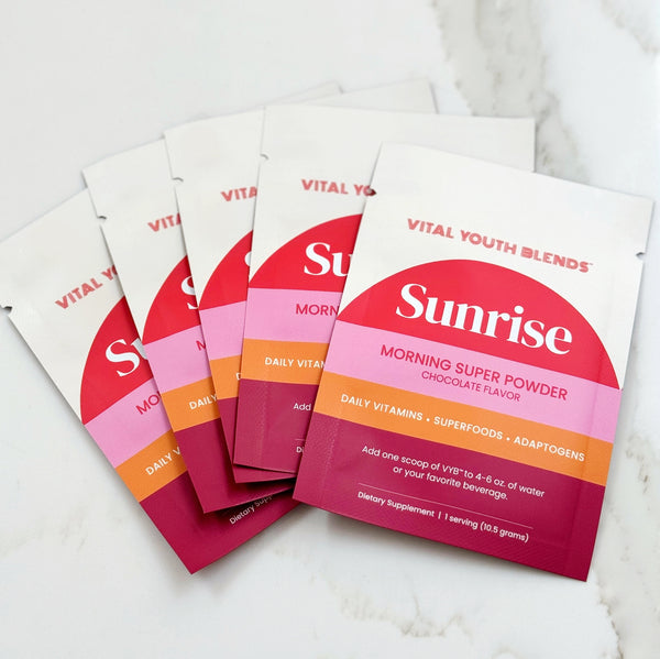 VYB Sunrise Morning Super Powder single-serve travel packs — portable super greens powder packets