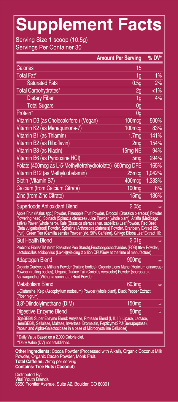 VYB Sunrise Super Powder supplement facts label — 47 ingredients including DIM, adaptogens, probiotics, and digestive enzymes